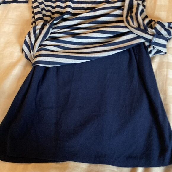 B44 Dressed, Gray/Black Stripe, 3/4 Sleeve Dress with Red Twist back detail. - Picture 7 of 8